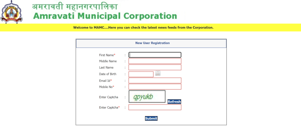 Amravati Municipal Corporation Market License Registration Page