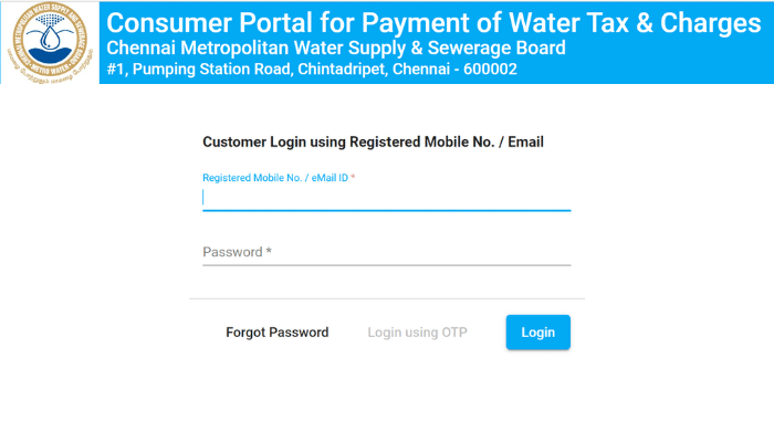 Chennai Metro Water Tax AMTCORP Login