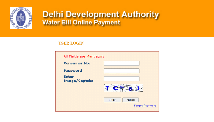 DDA Water Bill Payment User Login