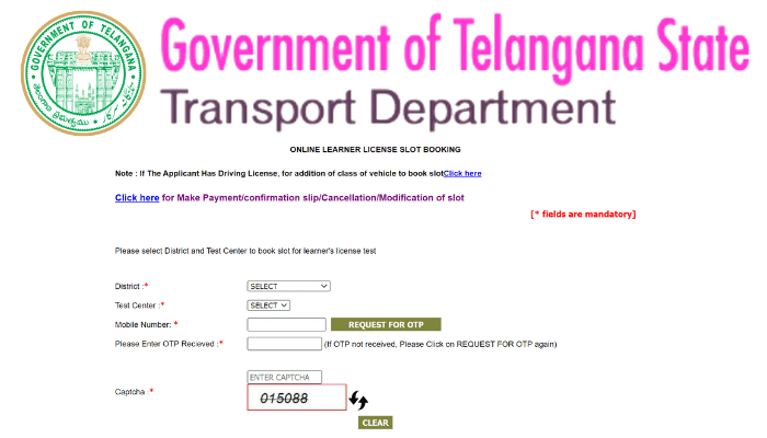 Driving License Telangana Learner License Slot Booking