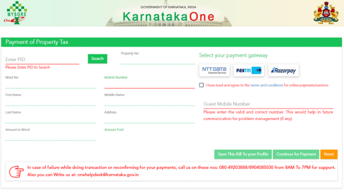 Karnataka One Login Property Tax AMTCROP Property Tax Page