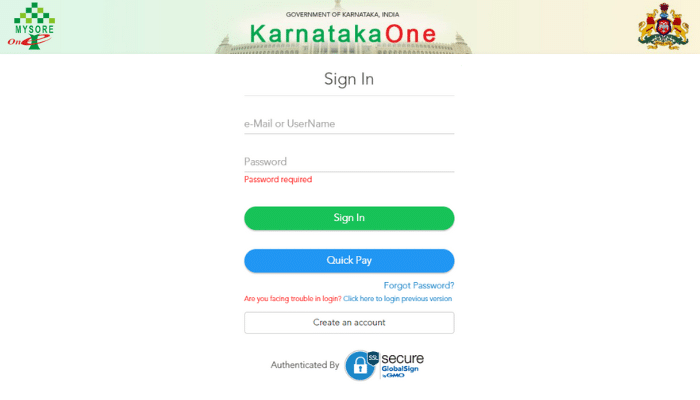 Karnataka One Login Property Tax AMTCROP Sign In