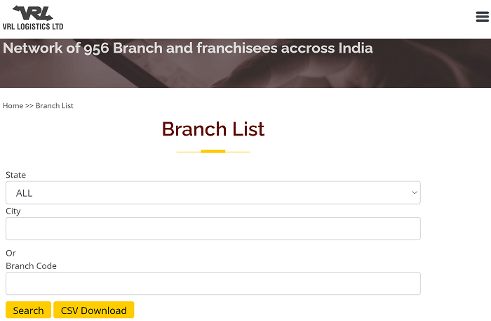 VRL Logistics Branch List
